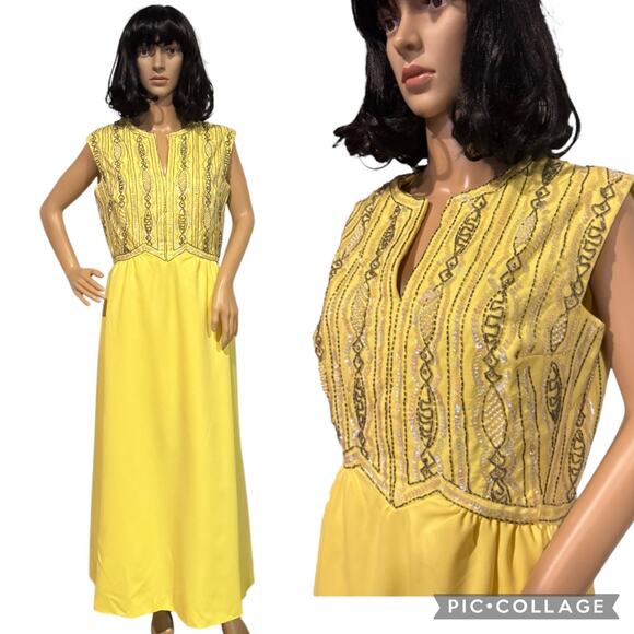 Vintage 50's Yellow Beaded Sequin Pearl formal party sleeveless maxi Dress large - Picture 1 of 17